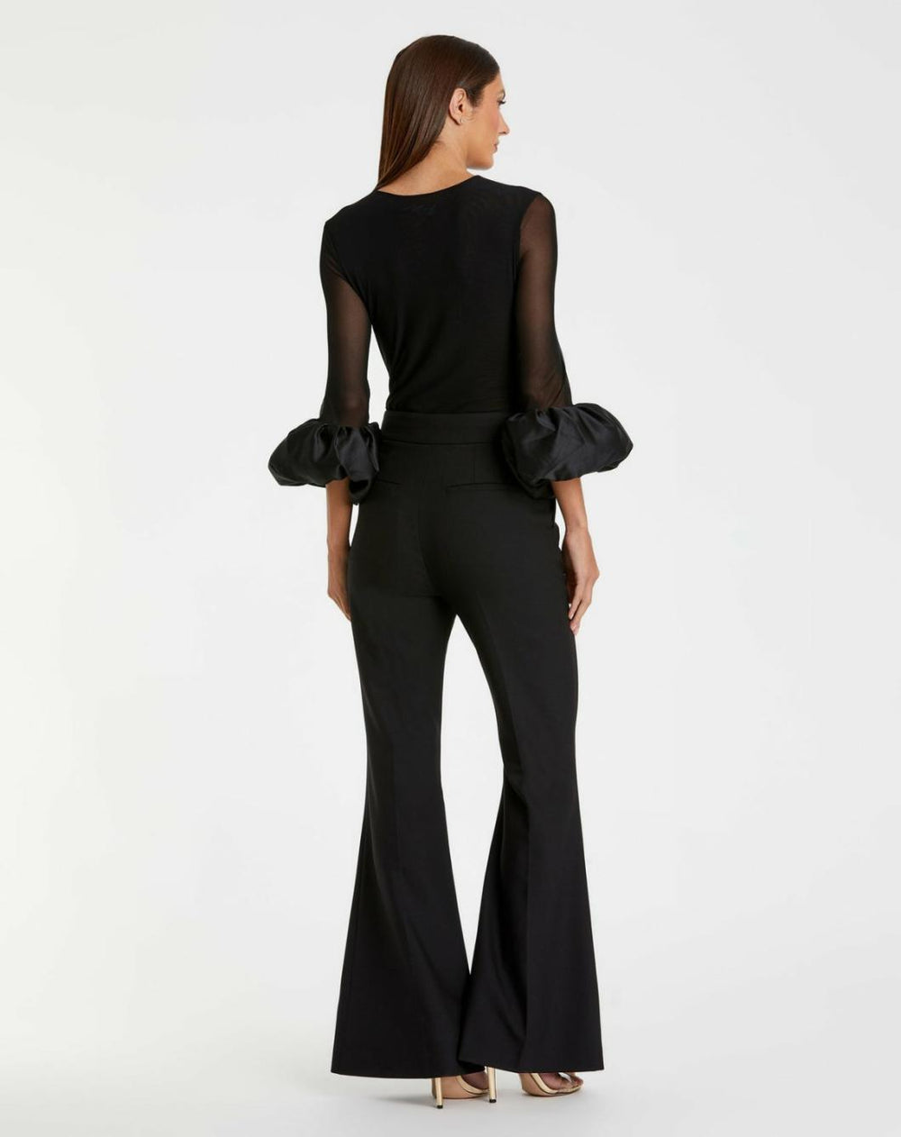 Blouses And Tops | Women Mac Duggal Mesh Long Sleeve Bodysuit With Satin Puff Sleeve - FINAL SALE Black