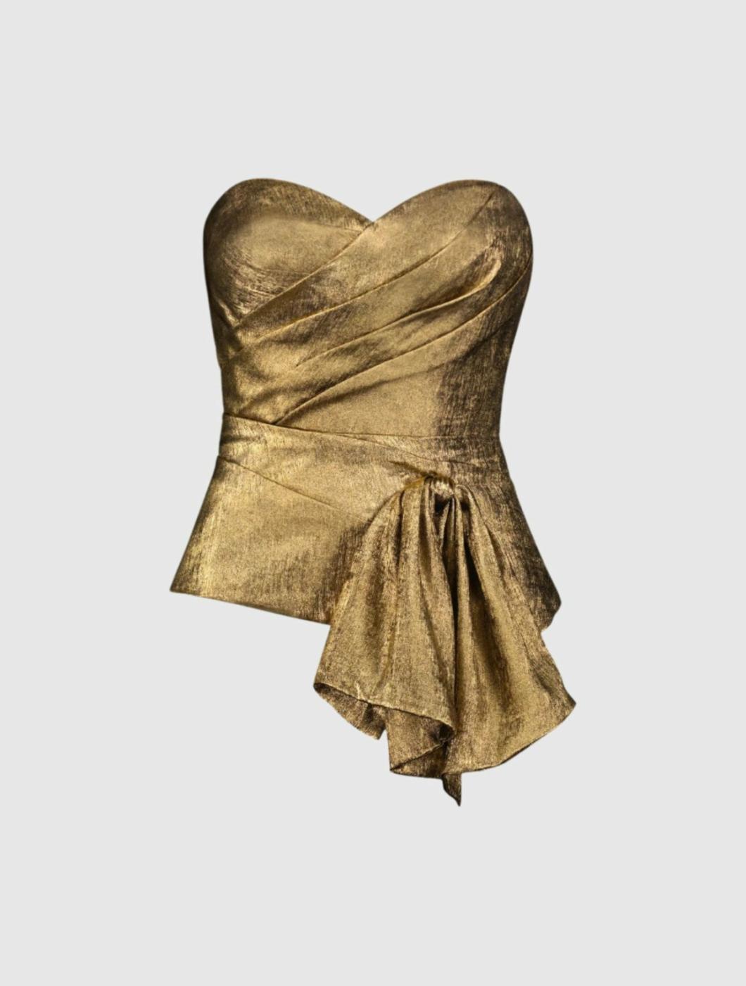 Blouses And Tops | Women Mac Duggal Metallic Lamé Strapless Wrap Top With Bow Detail Gold