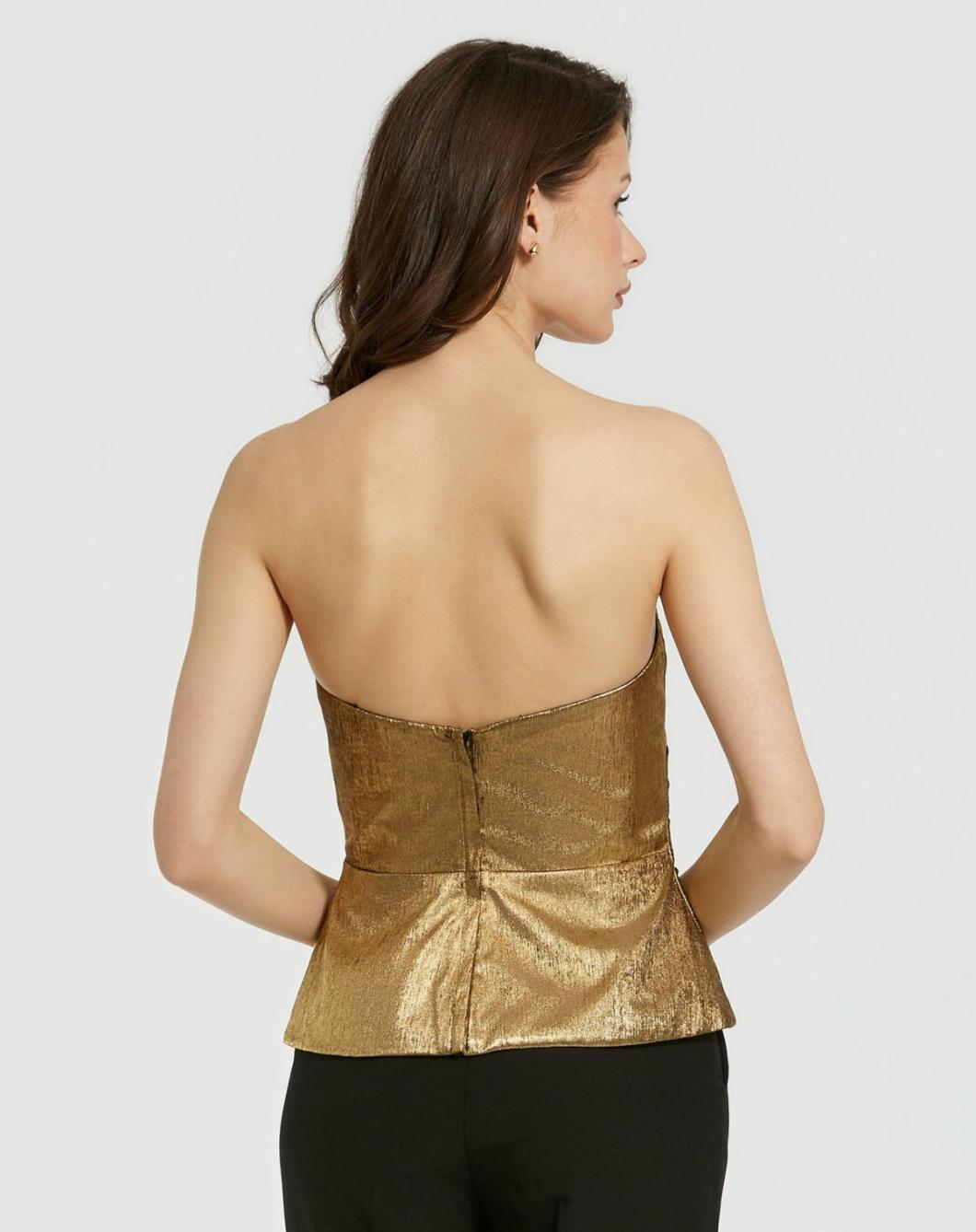 Blouses And Tops | Women Mac Duggal Metallic Lamé Strapless Wrap Top With Bow Detail Gold