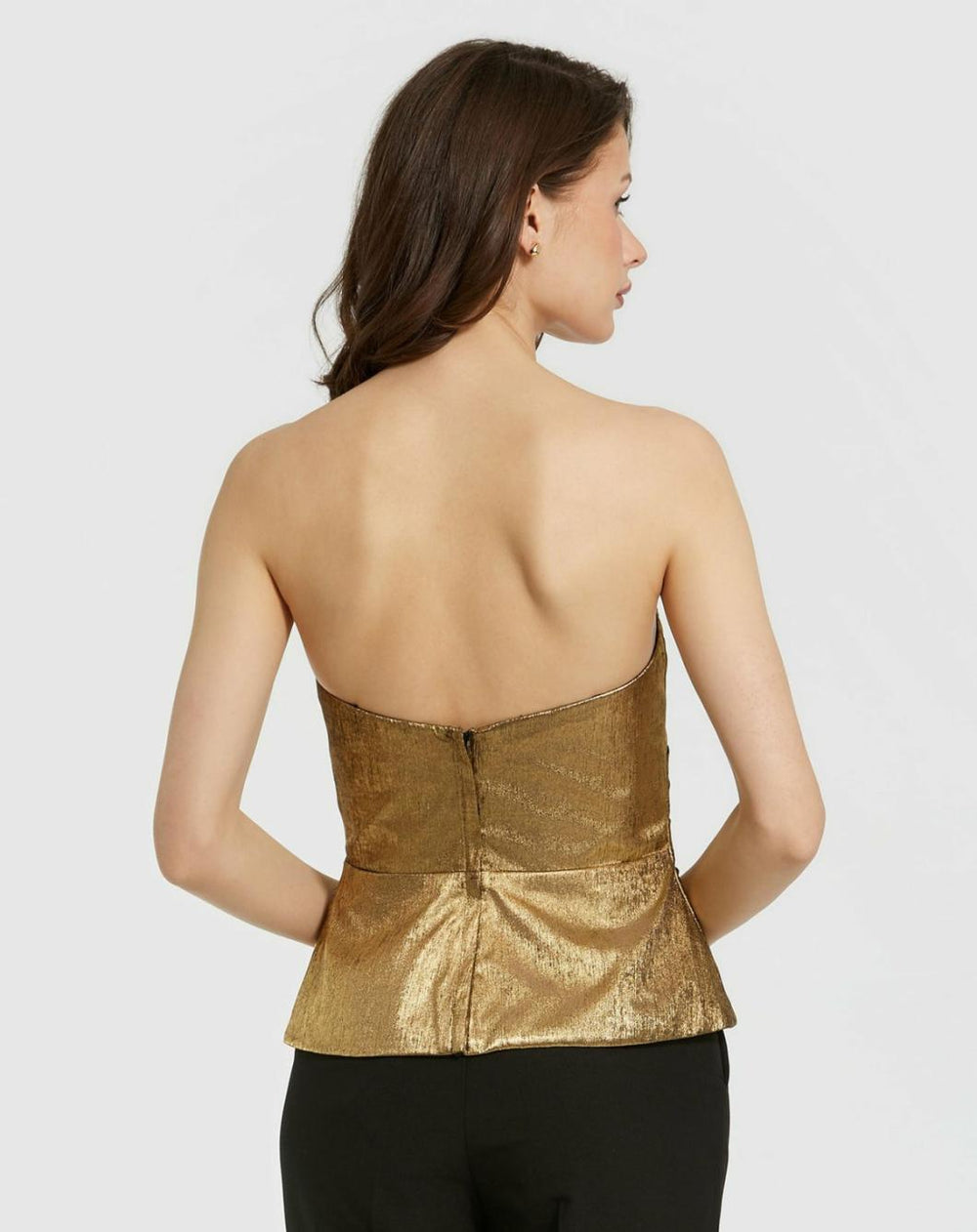 Blouses And Tops | Women Mac Duggal Metallic Lamé Strapless Wrap Top With Bow Detail Gold