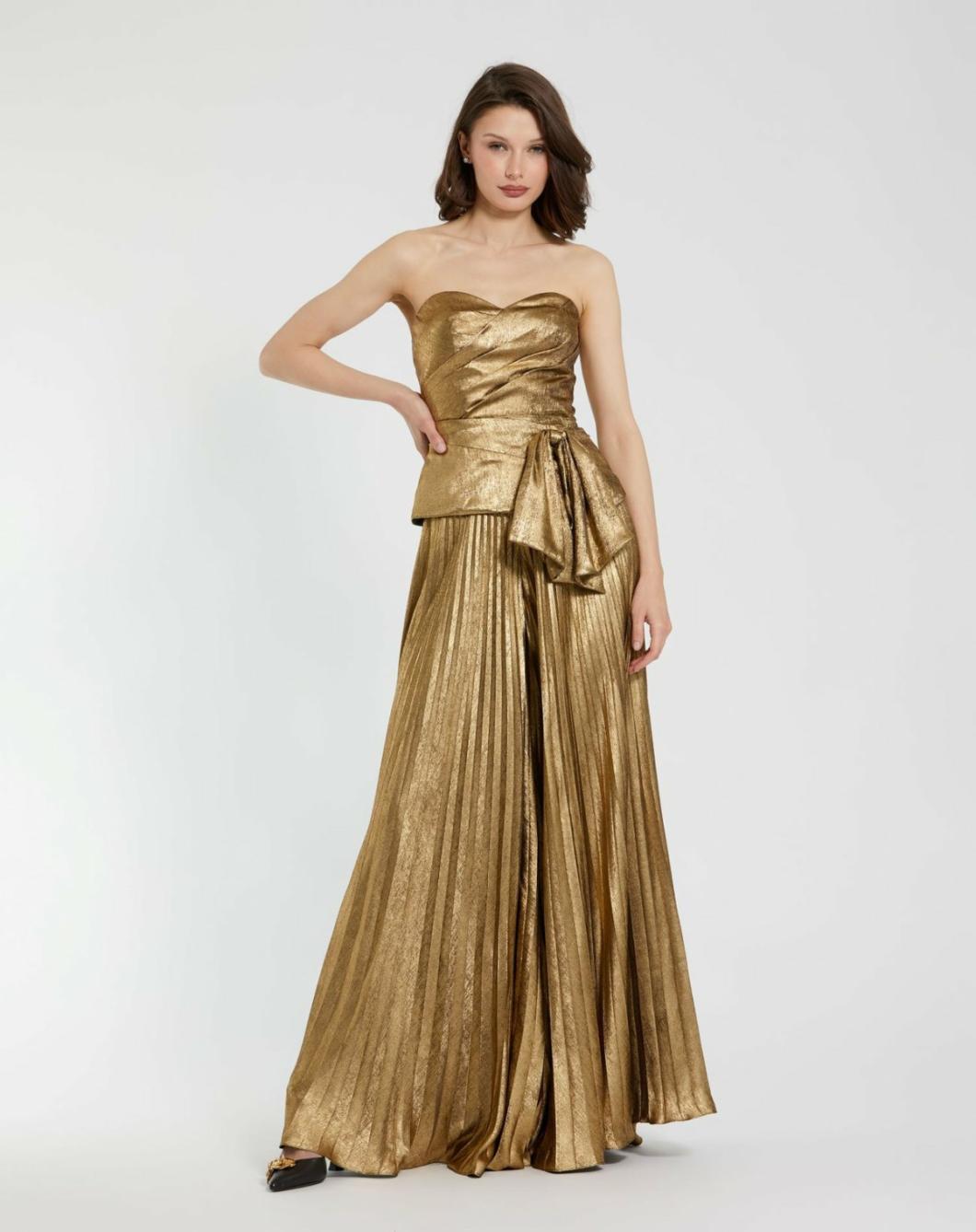 Blouses And Tops | Women Mac Duggal Metallic Lamé Strapless Wrap Top With Bow Detail Gold