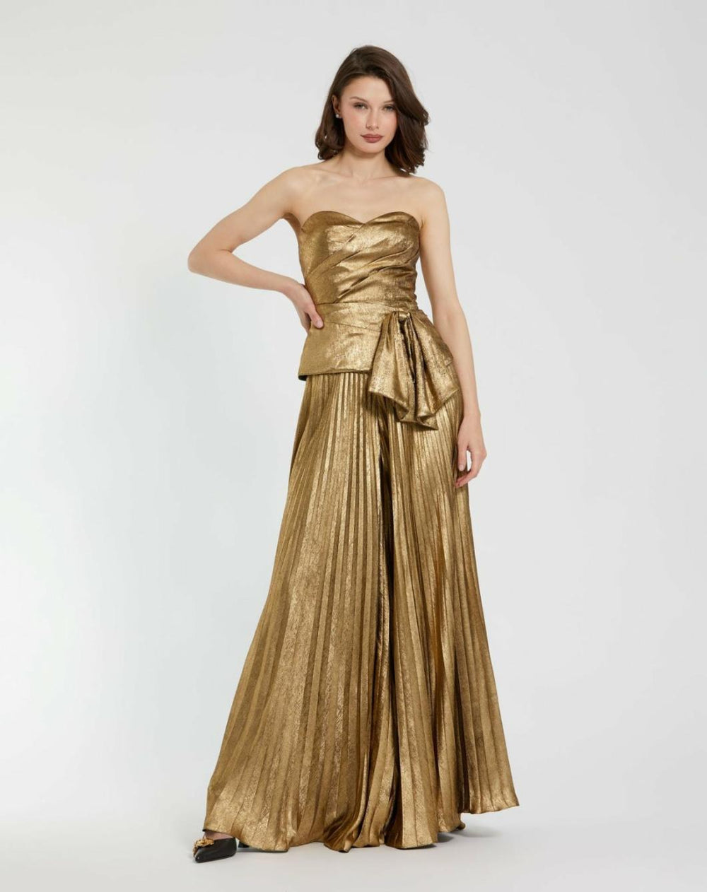 Blouses And Tops | Women Mac Duggal Metallic Lamé Strapless Wrap Top With Bow Detail Gold
