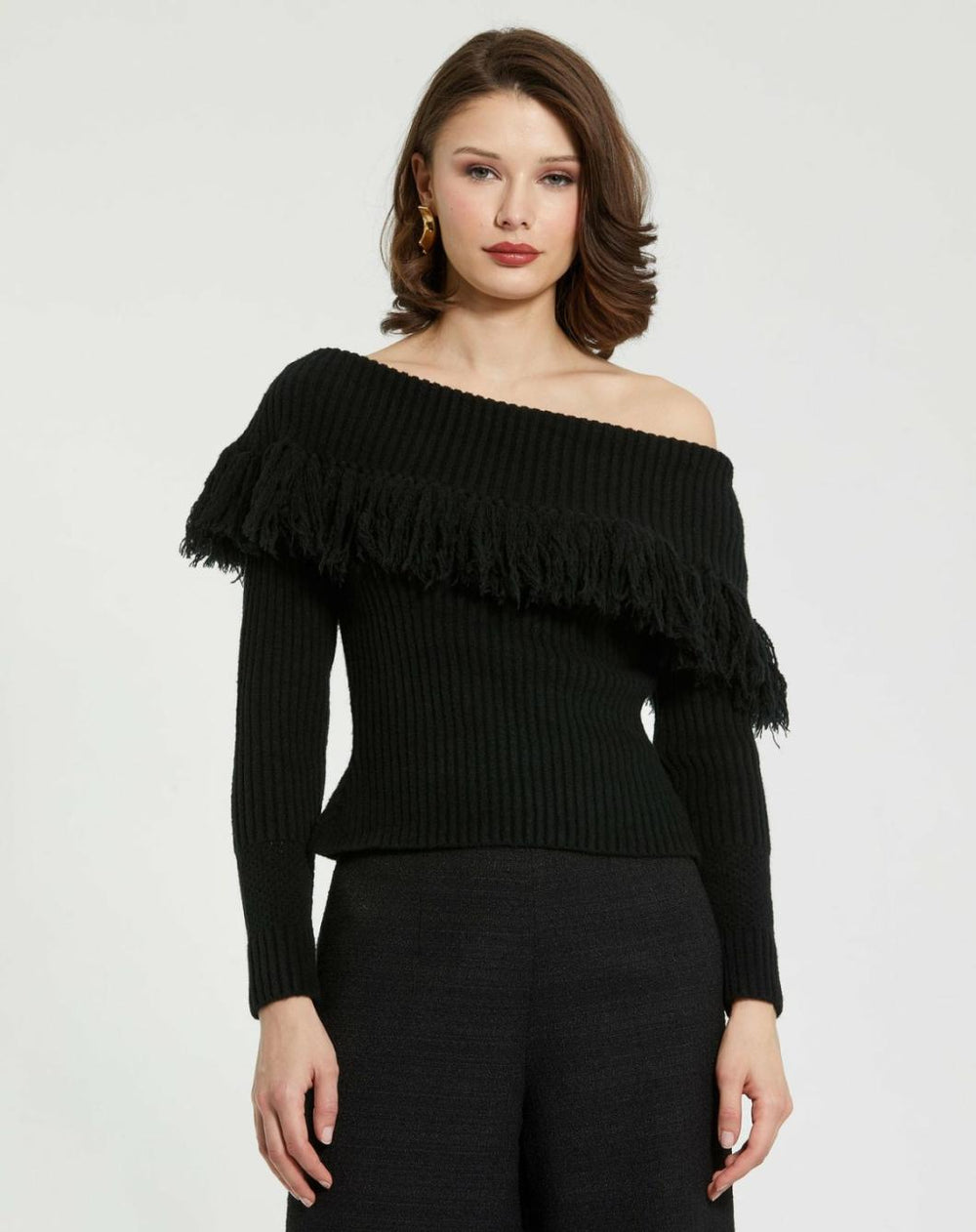 Blouses And Tops | Women Mac Duggal Off The Shoulder Fringe Knit Sweater - FINAL SALE Black