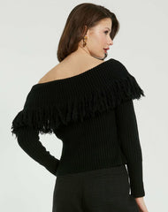 Blouses And Tops | Women Mac Duggal Off The Shoulder Fringe Knit Sweater - FINAL SALE Black