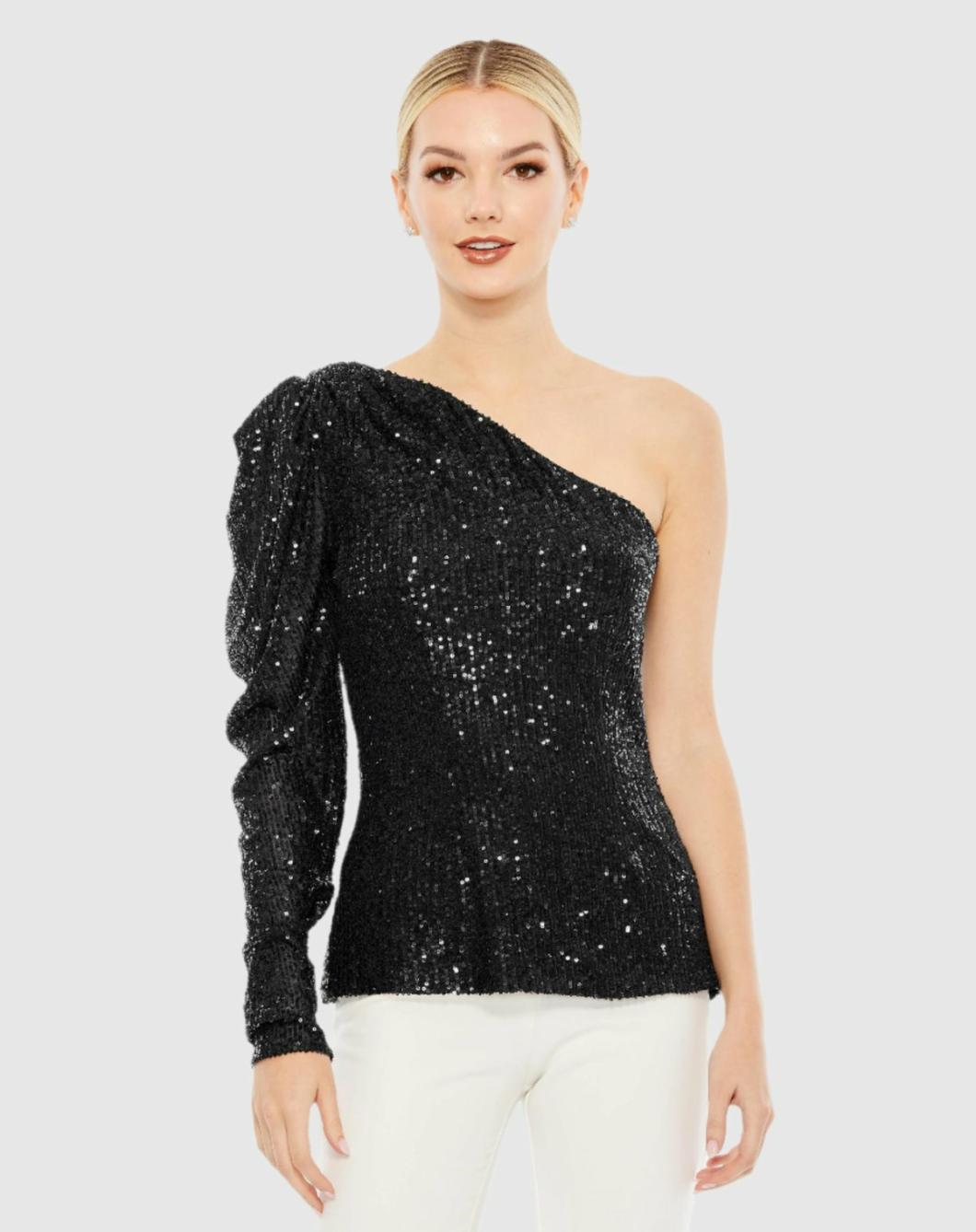 Blouses And Tops | Women Mac Duggal One Shoulder Puff Sleeve Sequin Top - FINAL SALE Black