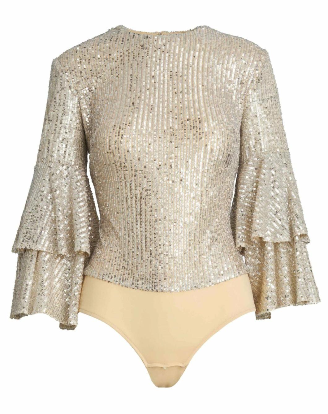 Blouses And Tops | Women Mac Duggal Ruffle 3/4 Sleeve Sequin Bodysuit - FINAL SALE Nude