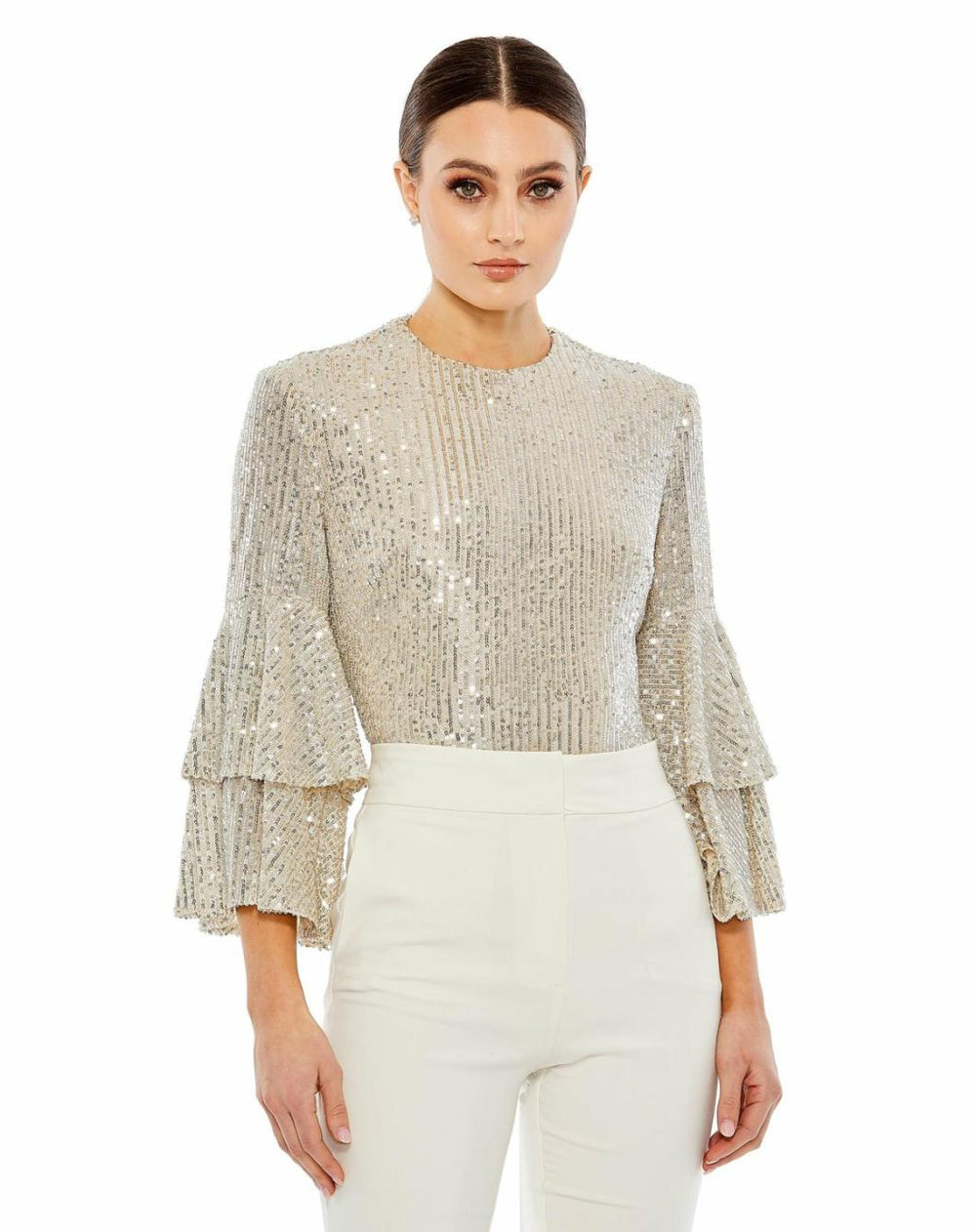 Blouses And Tops | Women Mac Duggal Ruffle 3/4 Sleeve Sequin Bodysuit - FINAL SALE Nude