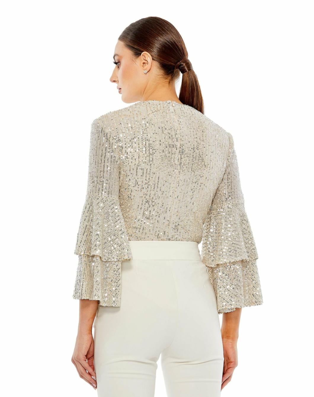 Blouses And Tops | Women Mac Duggal Ruffle 3/4 Sleeve Sequin Bodysuit - FINAL SALE Nude