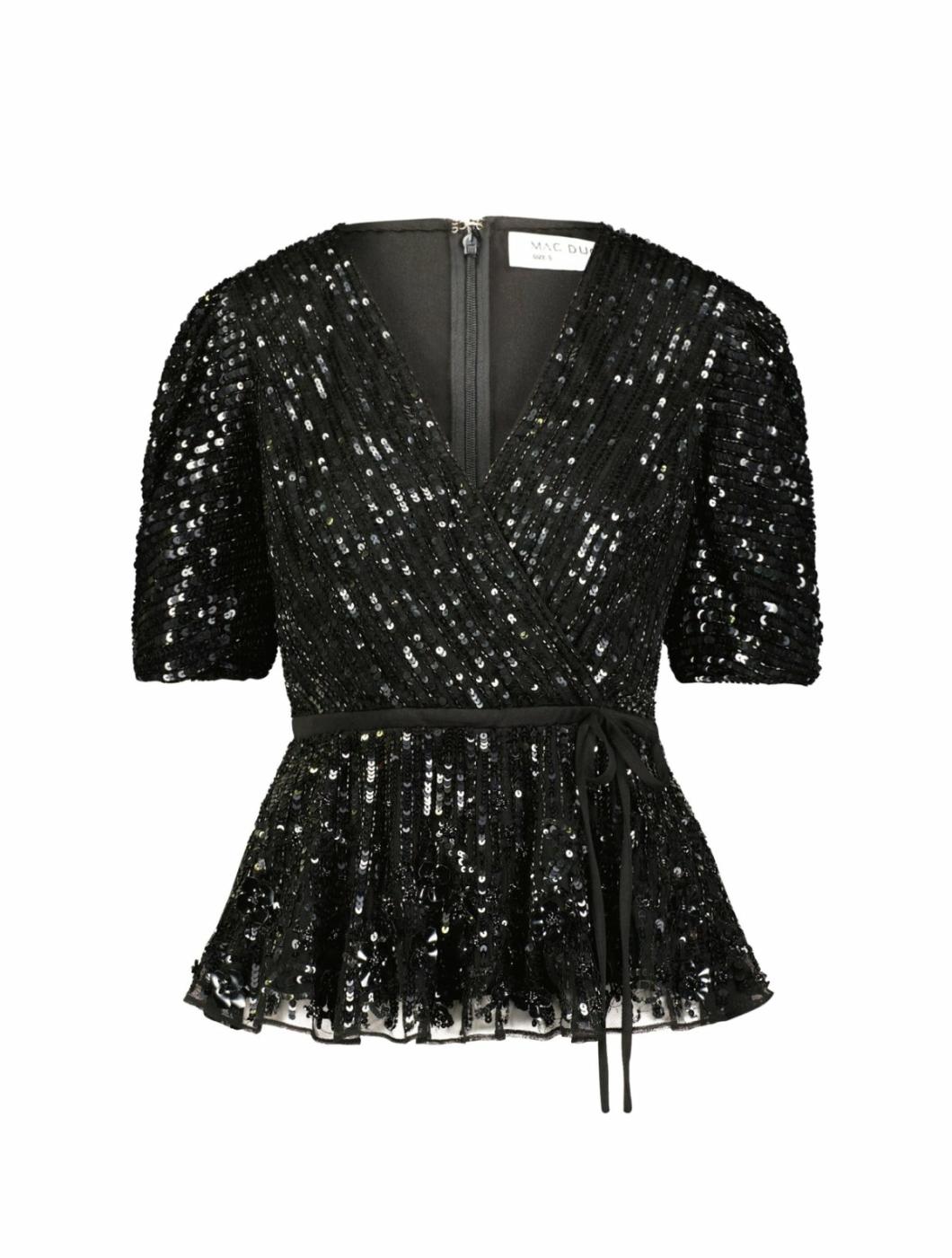 Blouses And Tops | Women Mac Duggal Sequined Puff Sleeve Faux Wrap Top Black