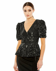 Blouses And Tops | Women Mac Duggal Sequined Puff Sleeve Faux Wrap Top Black