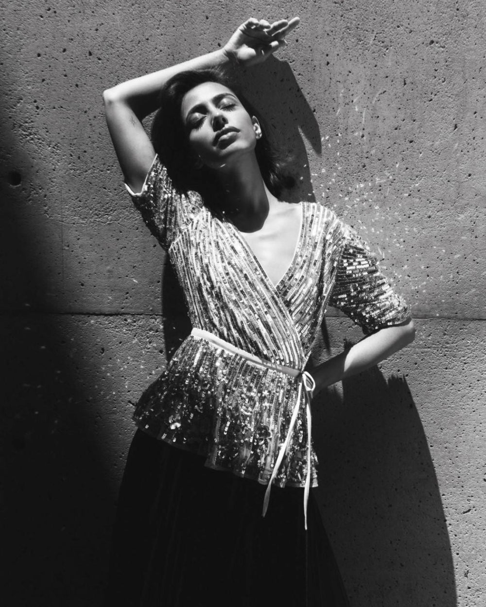 Blouses And Tops | Women Mac Duggal Sequined Puff Sleeve Faux Wrap Top Black