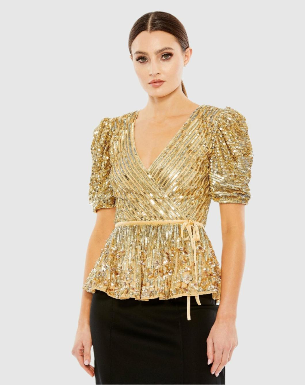 Blouses And Tops | Women Mac Duggal Sequined Puff Sleeve Faux Wrap Top - FINAL SALE Gold