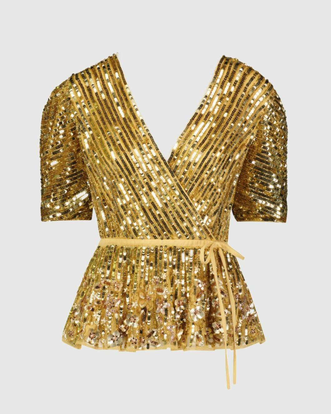 Blouses And Tops | Women Mac Duggal Sequined Puff Sleeve Faux Wrap Top - FINAL SALE Gold