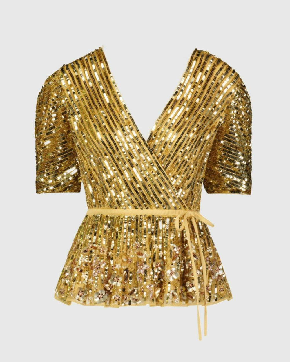 Blouses And Tops | Women Mac Duggal Sequined Puff Sleeve Faux Wrap Top - FINAL SALE Gold