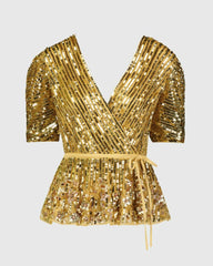 Blouses And Tops | Women Mac Duggal Sequined Puff Sleeve Faux Wrap Top - FINAL SALE Gold