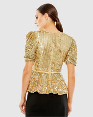 Blouses And Tops | Women Mac Duggal Sequined Puff Sleeve Faux Wrap Top - FINAL SALE Gold