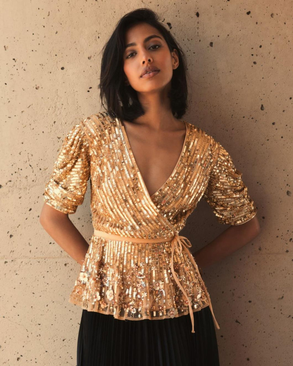 Blouses And Tops | Women Mac Duggal Sequined Puff Sleeve Faux Wrap Top - FINAL SALE Gold