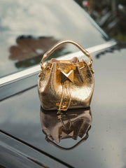 Bucket Bags | Women Mac Duggal Crinkle Metallic Gold Leather Mini Bucket Bag With Detachable Strap - Gold