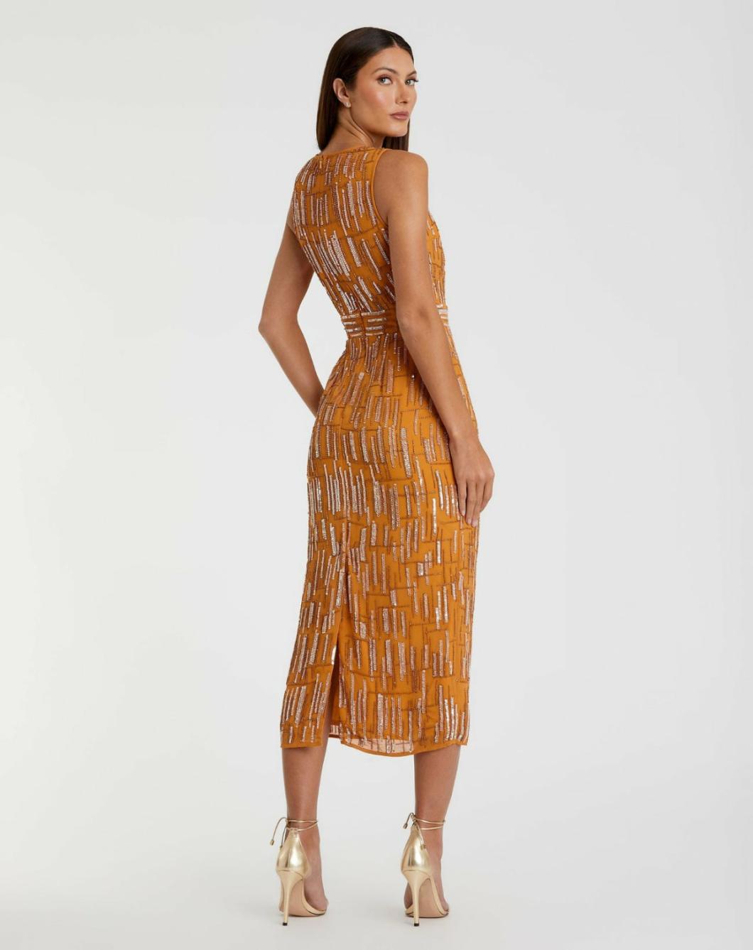 Cocktail Dresses | Women Mac Duggal Abstract Beaded Sleeveless Midi Sheath Dress Saffron