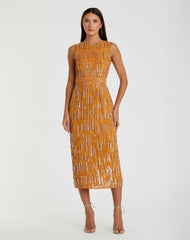 Cocktail Dresses | Women Mac Duggal Abstract Beaded Sleeveless Midi Sheath Dress Saffron