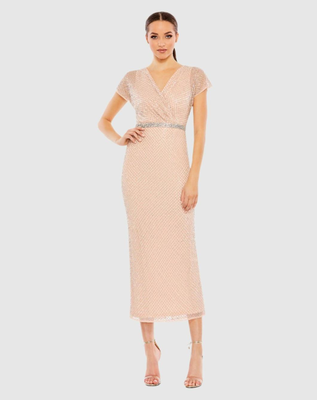 Cocktail Dresses | Women Mac Duggal Beaded Wrap V-Neck Short Sleeve Dress Rose