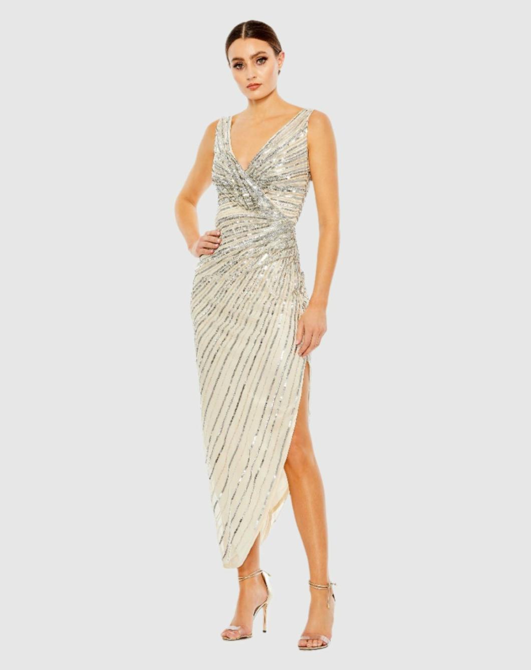 Cocktail Dresses | Women Mac Duggal Beige And Silver Sequined Faux Wrap Sleeveless Midi Dress Nude Silver
