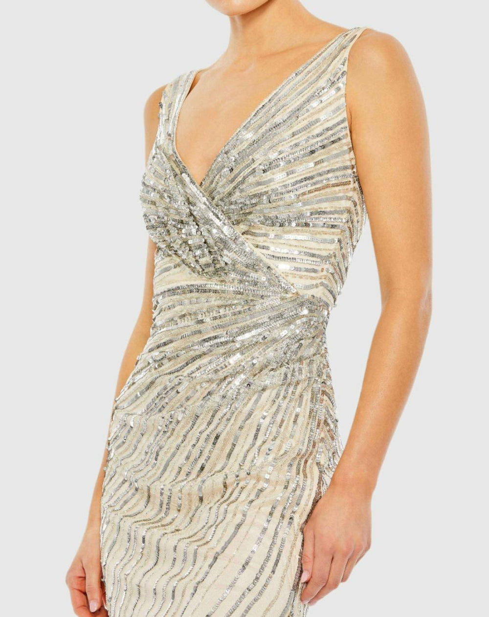 Cocktail Dresses | Women Mac Duggal Beige And Silver Sequined Faux Wrap Sleeveless Midi Dress Nude Silver