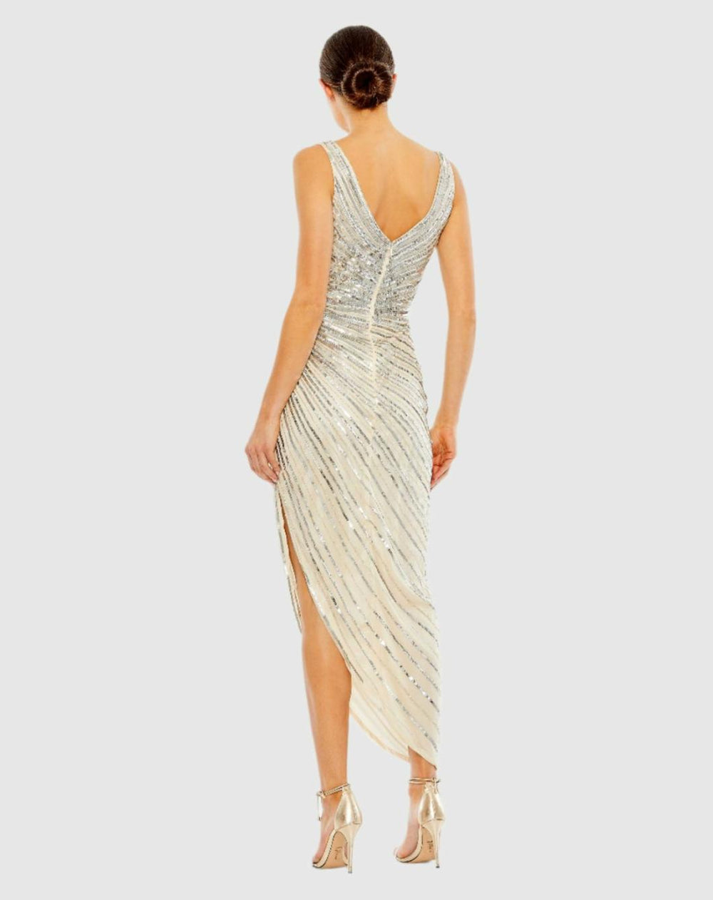 Cocktail Dresses | Women Mac Duggal Beige And Silver Sequined Faux Wrap Sleeveless Midi Dress Nude Silver