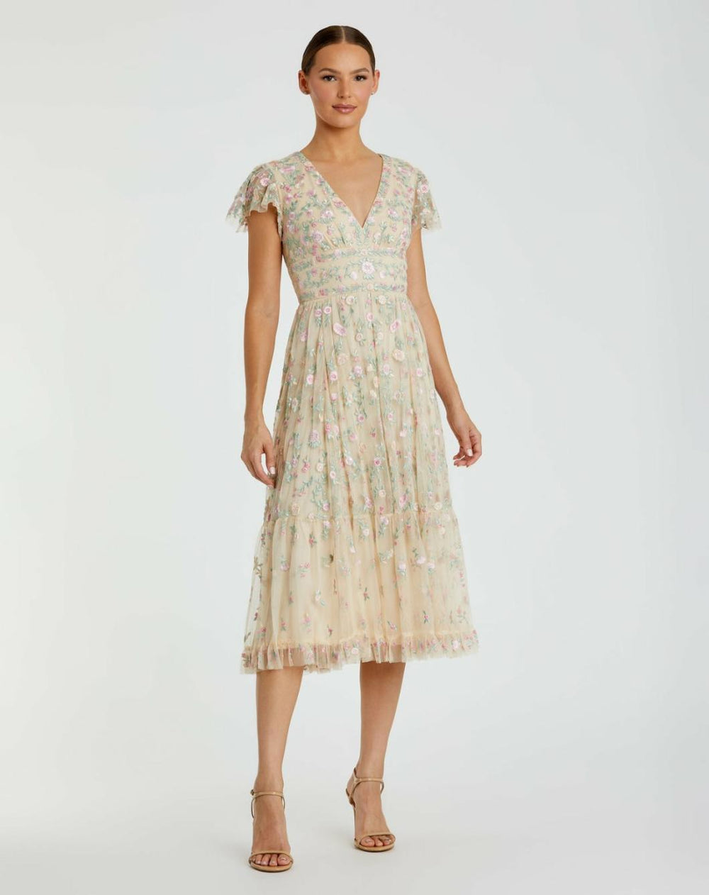 Cocktail Dresses | Women Mac Duggal Beige Multicolor Embroidered V Neck Cap Sleeve Midi Dress Nude Multi