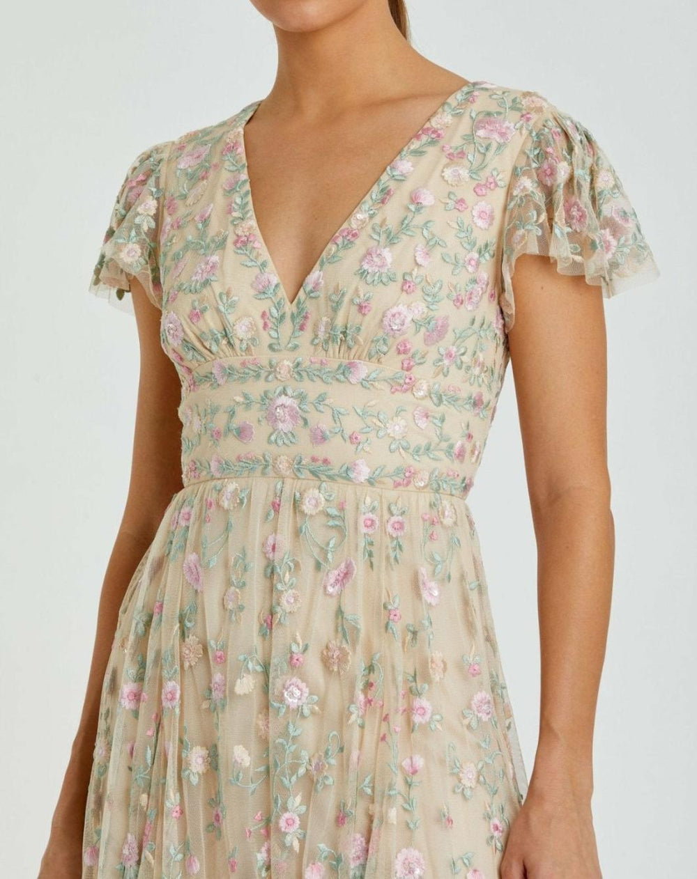 Cocktail Dresses | Women Mac Duggal Beige Multicolor Embroidered V Neck Cap Sleeve Midi Dress Nude Multi