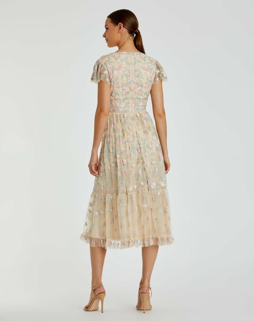 Cocktail Dresses | Women Mac Duggal Beige Multicolor Embroidered V Neck Cap Sleeve Midi Dress Nude Multi