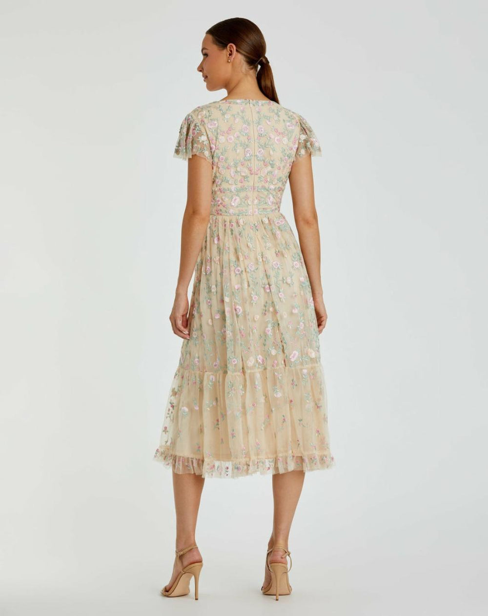 Cocktail Dresses | Women Mac Duggal Beige Multicolor Embroidered V Neck Cap Sleeve Midi Dress Nude Multi