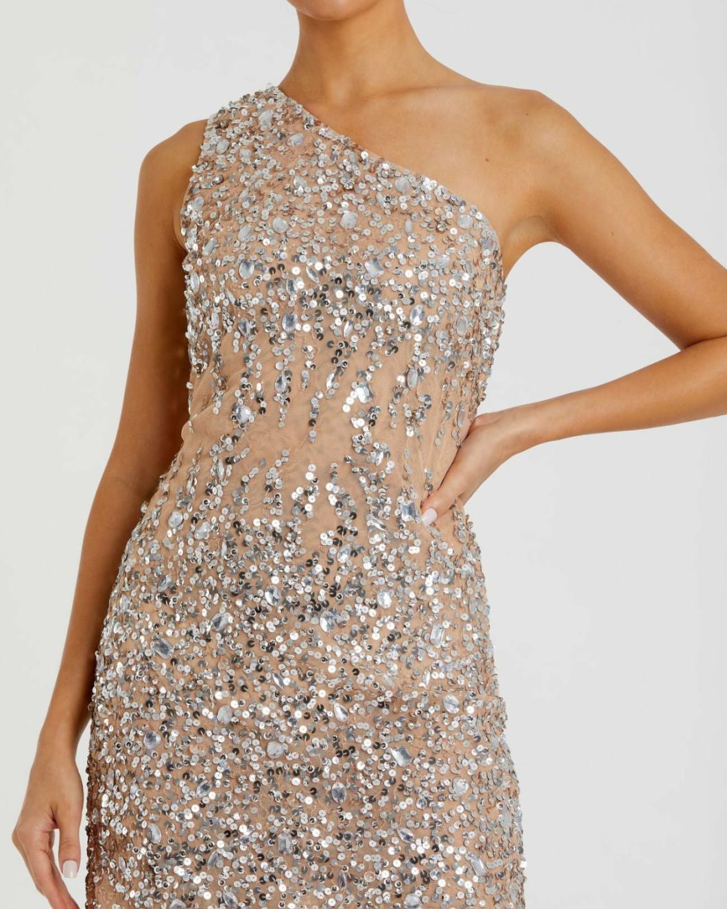Cocktail Dresses | Women Mac Duggal Beige One Shoulder Sheer Hand Beaded Mini Dress Nude