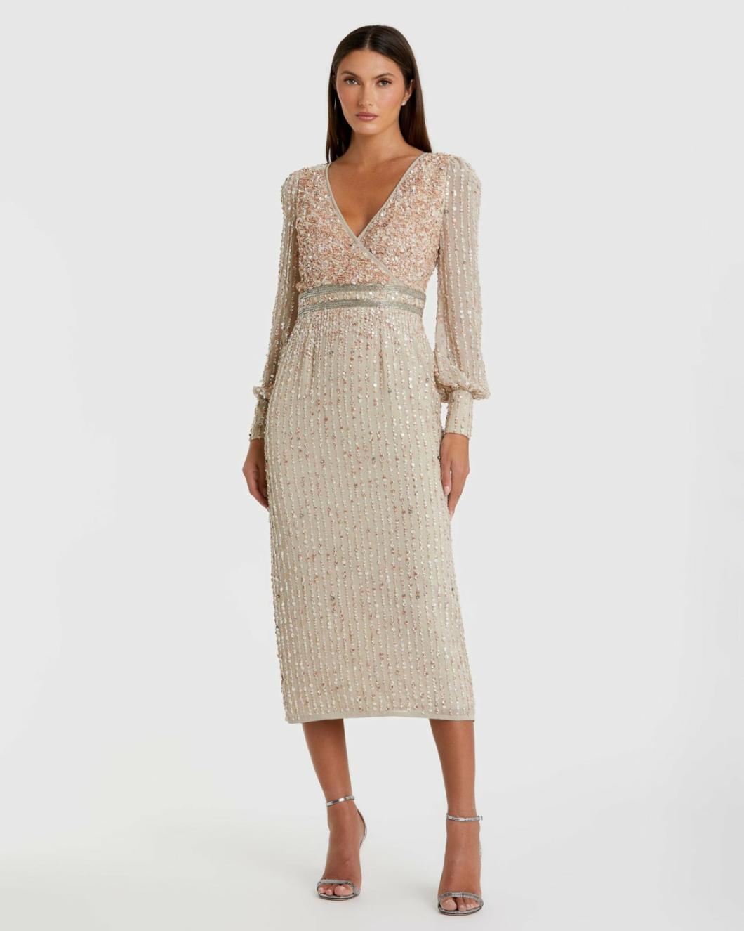 Cocktail Dresses | Women Mac Duggal Beige Sequined V Neck Bishop Sleeve Dress Nude