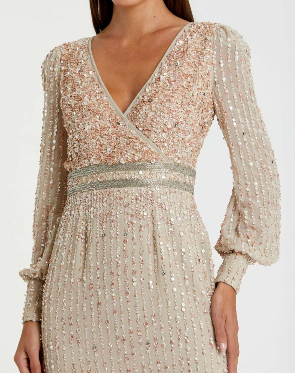 Cocktail Dresses | Women Mac Duggal Beige Sequined V Neck Bishop Sleeve Dress Nude