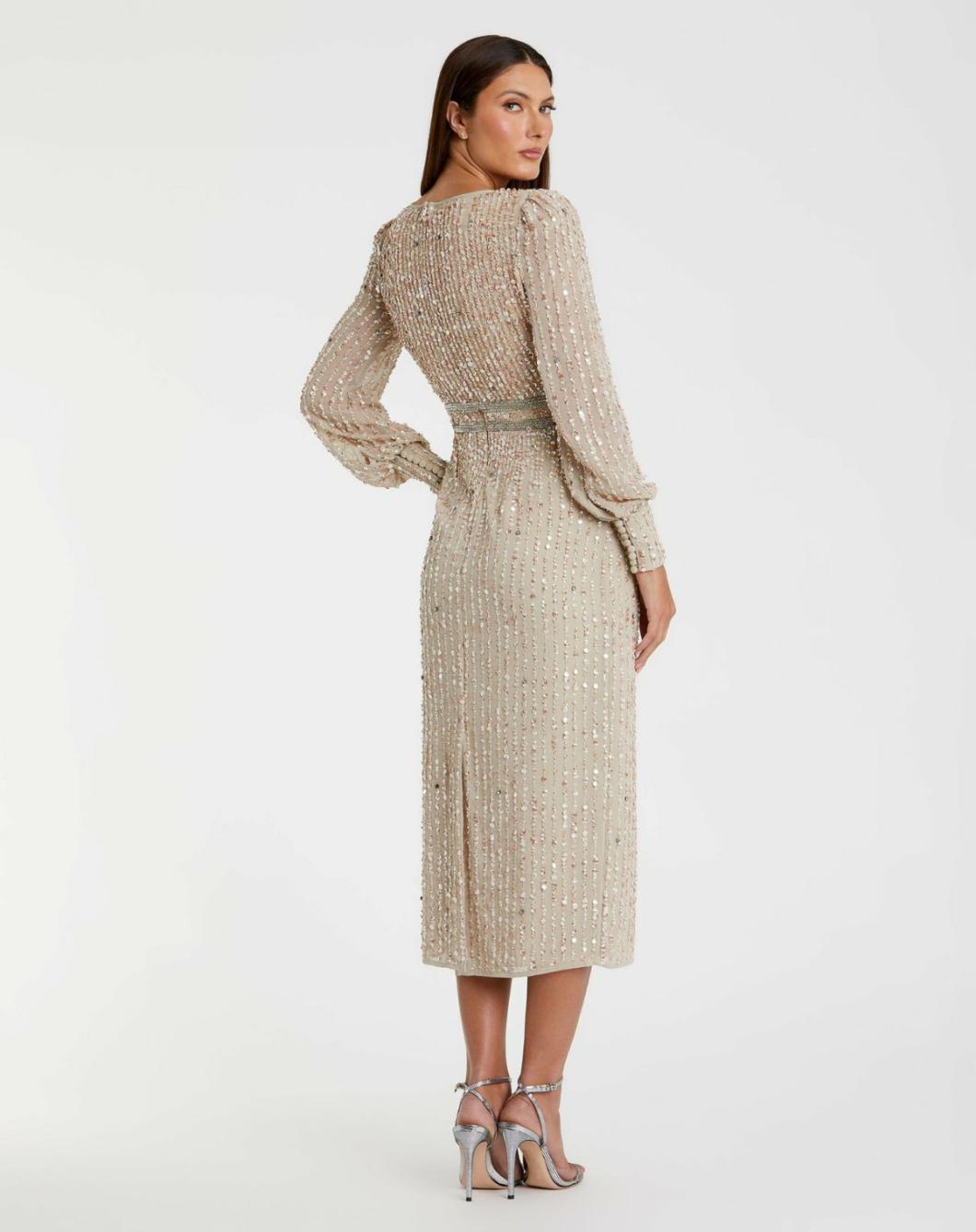Cocktail Dresses | Women Mac Duggal Beige Sequined V Neck Bishop Sleeve Dress Nude