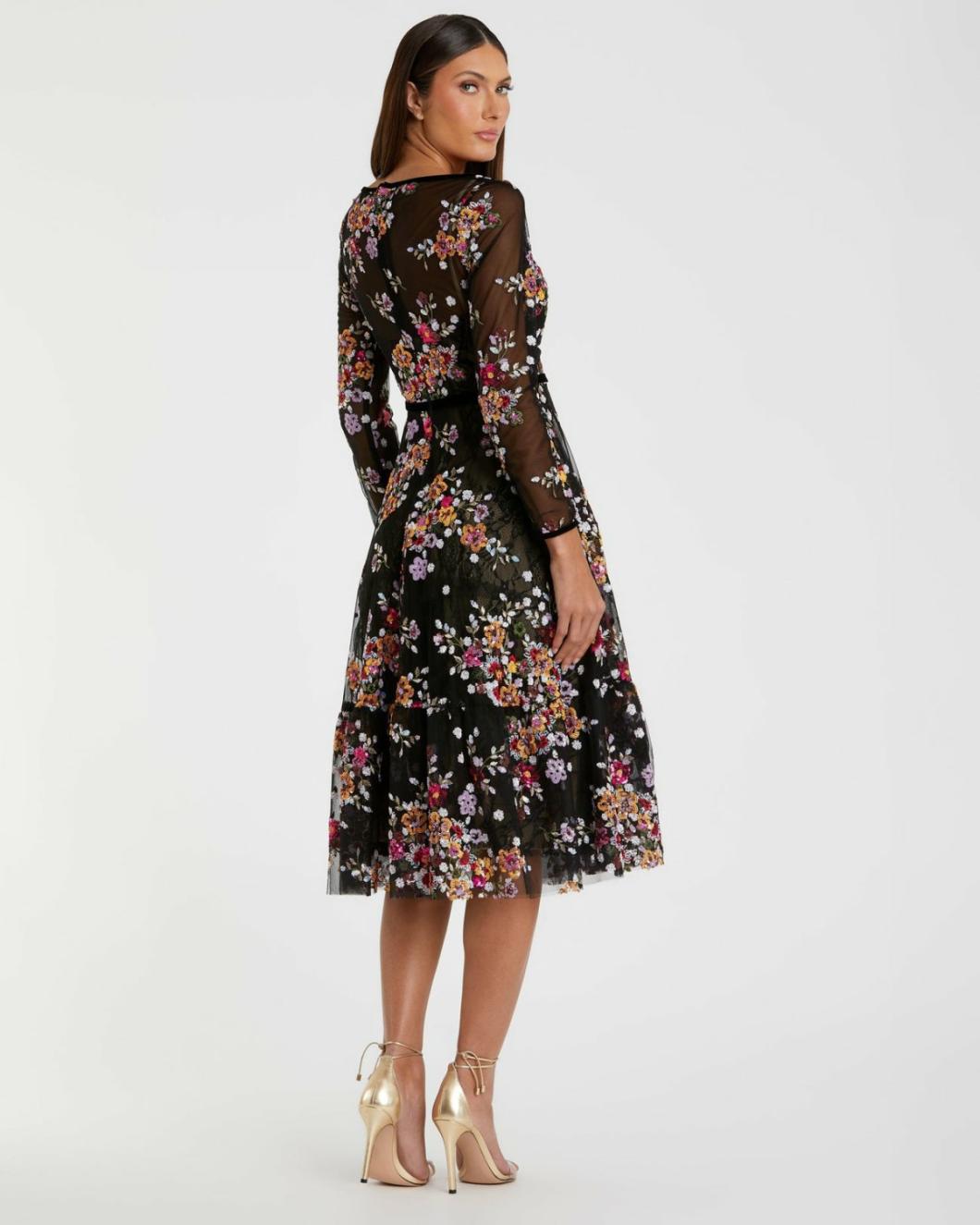 Cocktail Dresses | Women Mac Duggal Black Floral Embroidered Tea Length Dress Black Multi