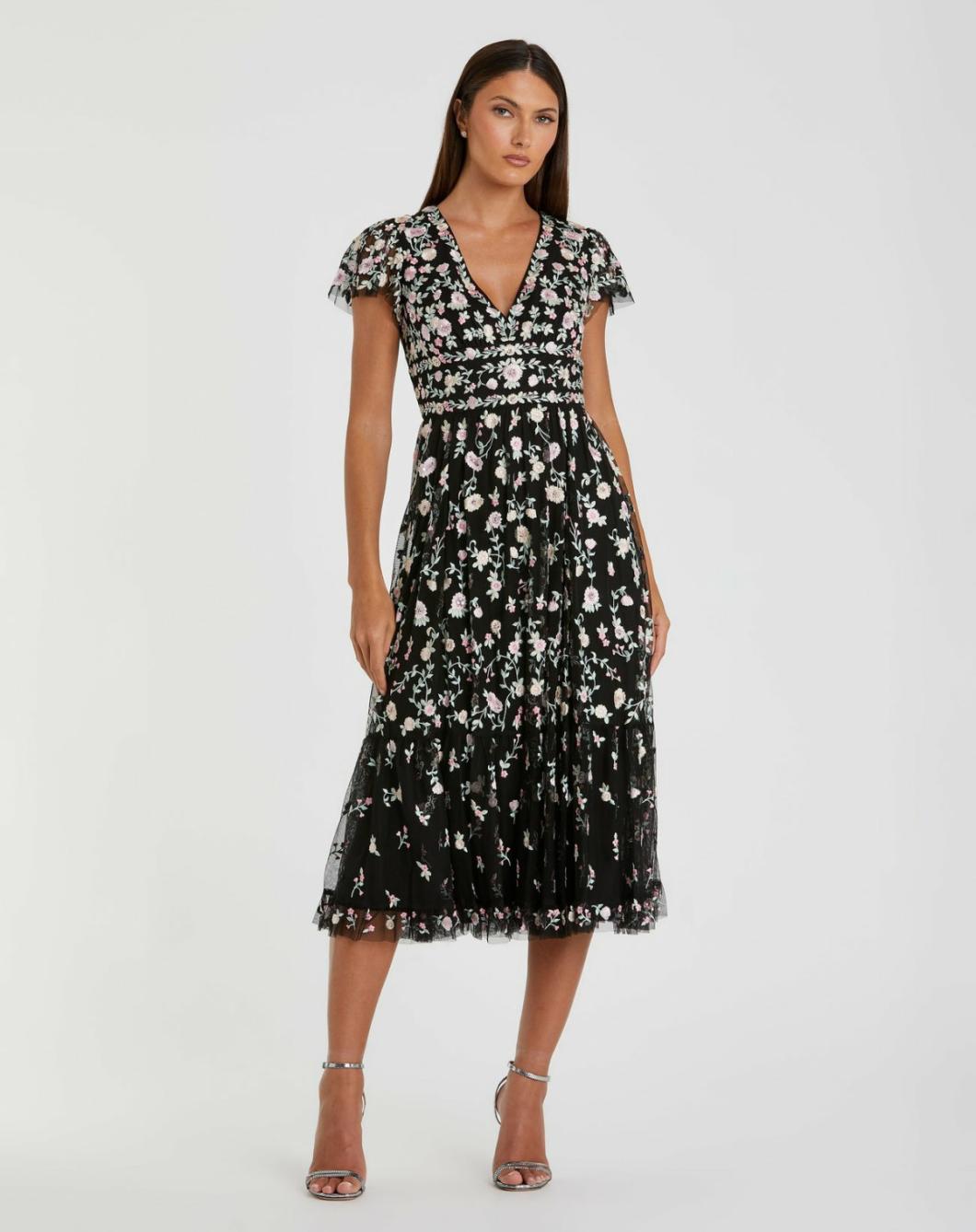 Cocktail Dresses | Women Mac Duggal Black Multicolor Embroidered V Neck Cap Sleeve Midi Dress Black Multi