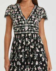 Cocktail Dresses | Women Mac Duggal Black Multicolor Embroidered V Neck Cap Sleeve Midi Dress Black Multi