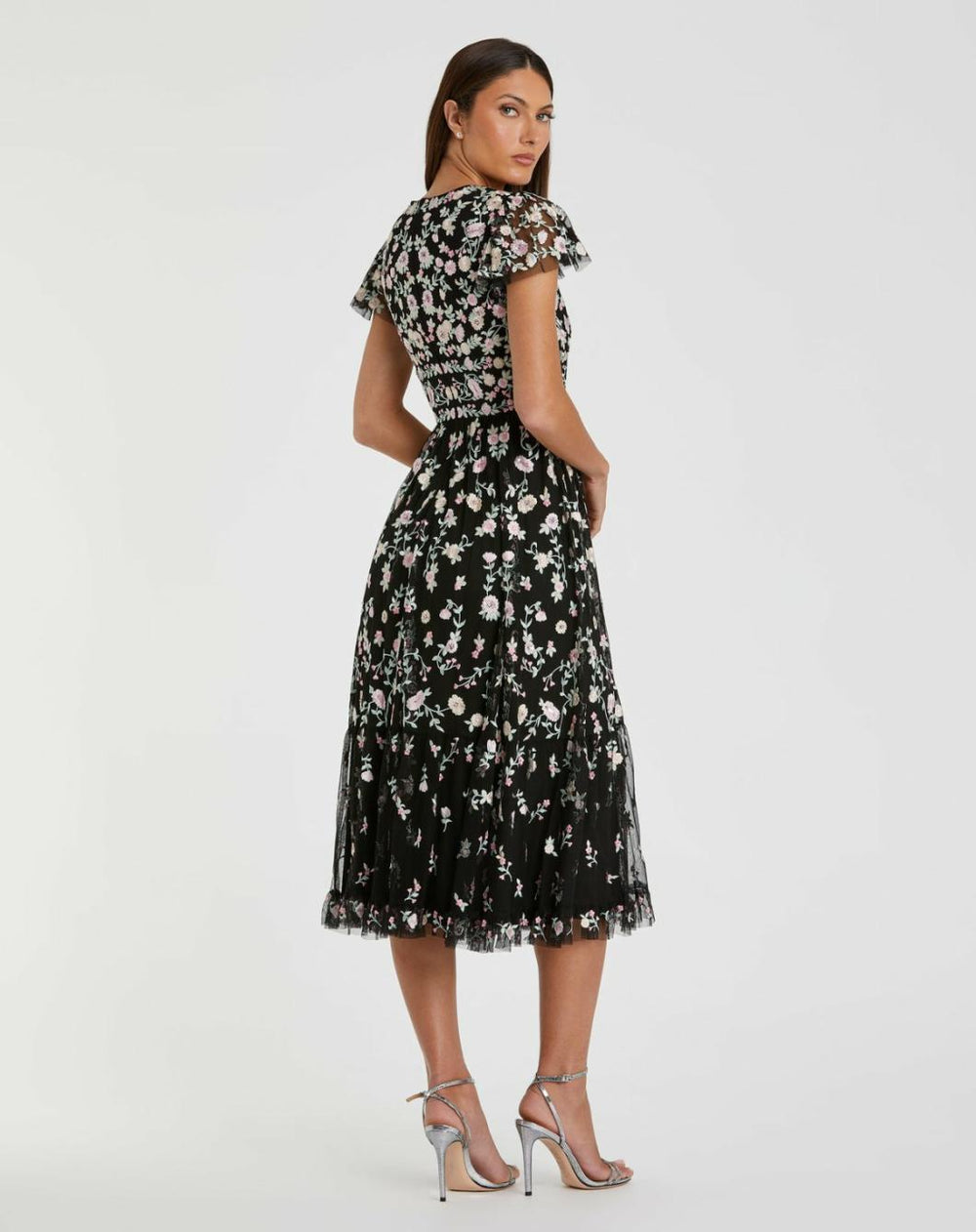 Cocktail Dresses | Women Mac Duggal Black Multicolor Embroidered V Neck Cap Sleeve Midi Dress Black Multi