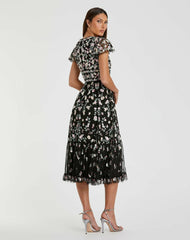 Cocktail Dresses | Women Mac Duggal Black Multicolor Embroidered V Neck Cap Sleeve Midi Dress Black Multi