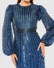 Cocktail Dresses | Women Mac Duggal Blue Long Sleeve Ruffle Detail Sequin Dress Midnight