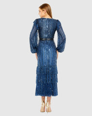 Cocktail Dresses | Women Mac Duggal Blue Long Sleeve Ruffle Detail Sequin Dress Midnight