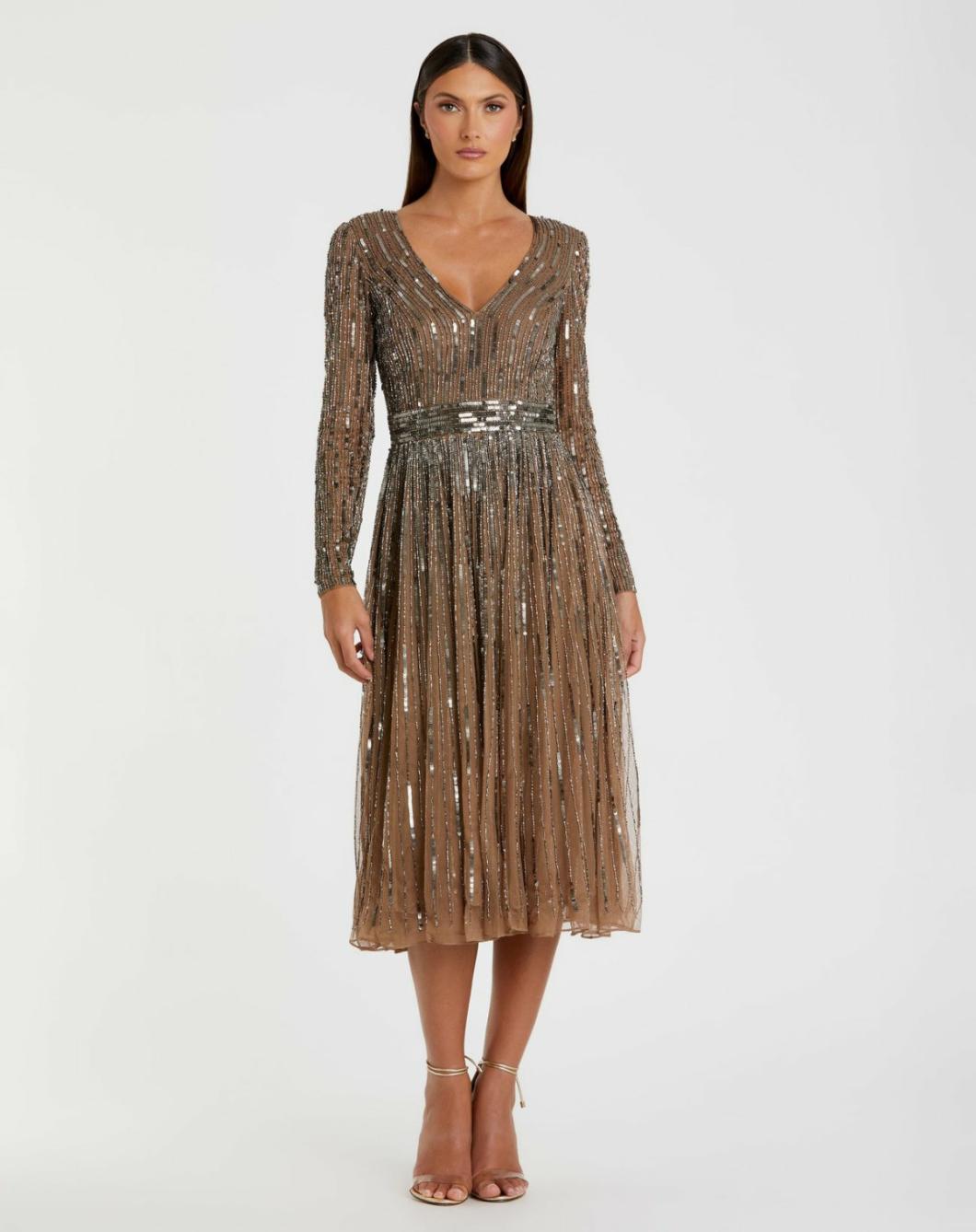 Cocktail Dresses | Women Mac Duggal Brown Long Sleeve Tea Length Dress Dark Taupe