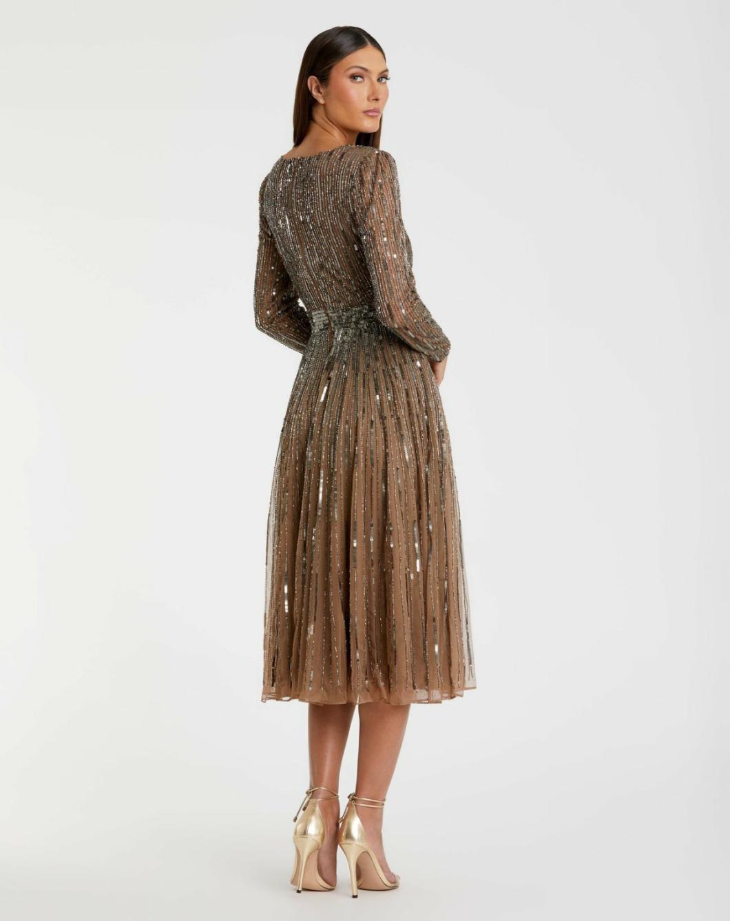 Cocktail Dresses | Women Mac Duggal Brown Long Sleeve Tea Length Dress Dark Taupe