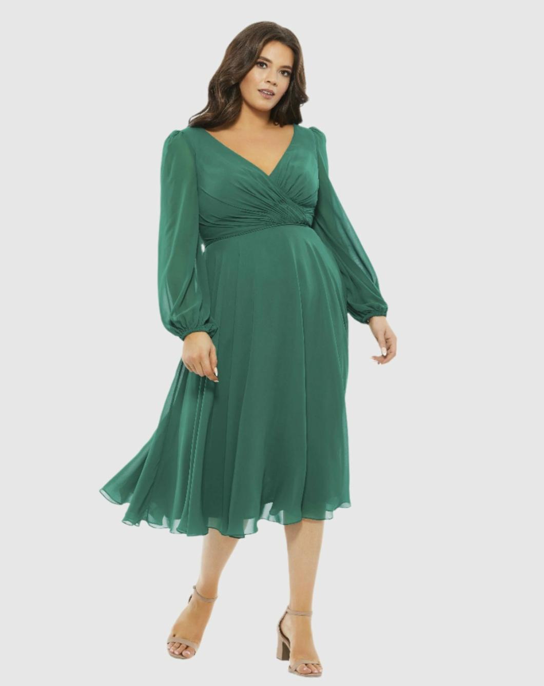 Cocktail Dresses | Women Mac Duggal Chiffon Bishop Sleeve Surplice Dress (Plus) Emerald Green