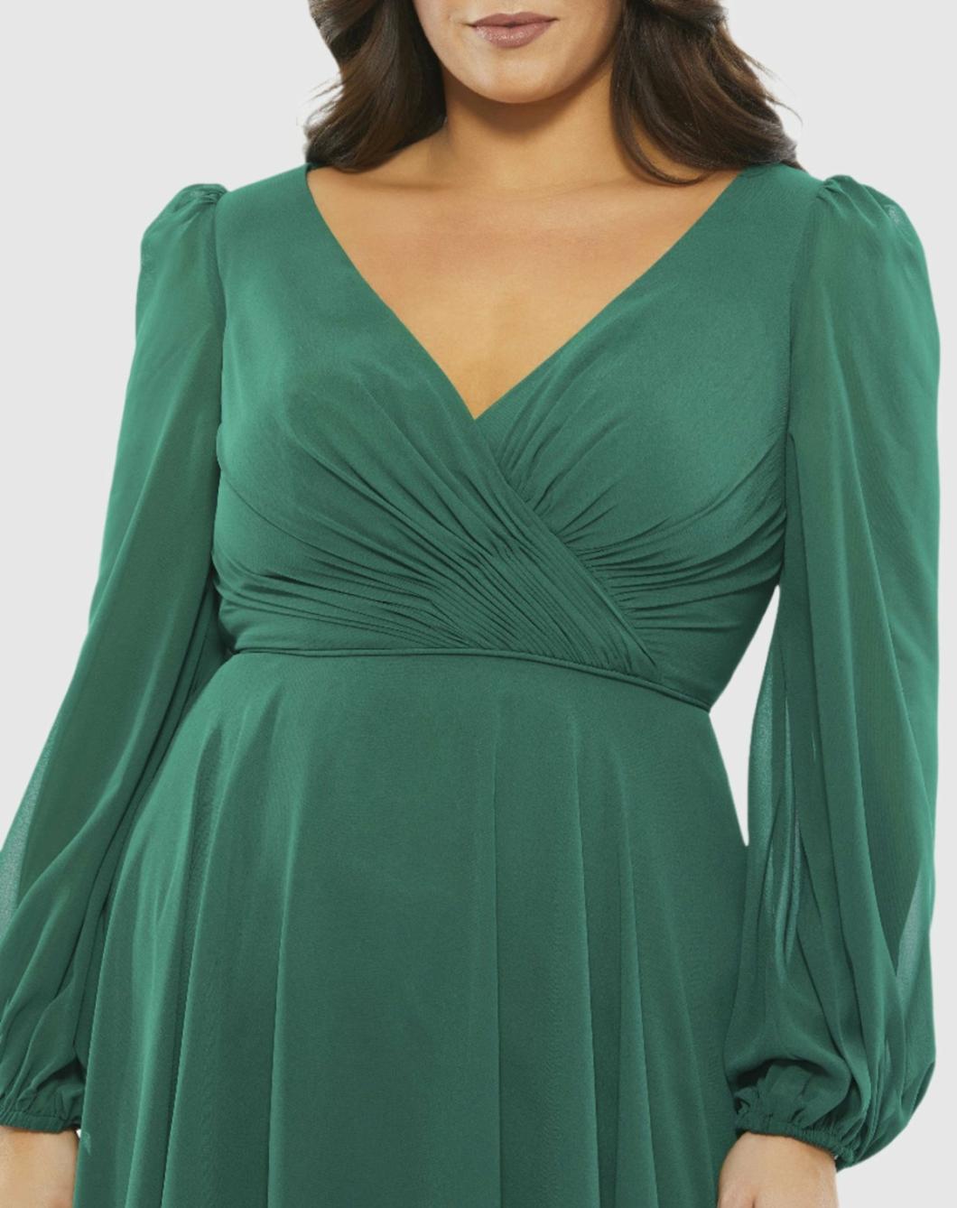 Cocktail Dresses | Women Mac Duggal Chiffon Bishop Sleeve Surplice Dress (Plus) Emerald Green