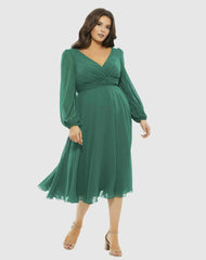Cocktail Dresses | Women Mac Duggal Chiffon Bishop Sleeve Surplice Dress (Plus) Emerald Green
