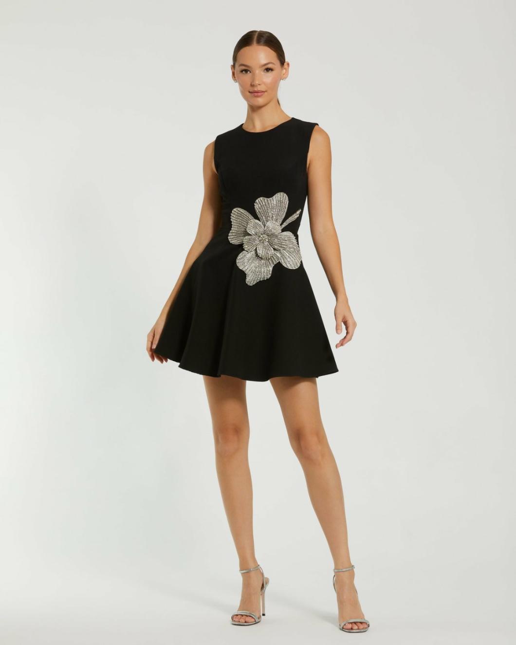 Cocktail Dresses | Women Mac Duggal Crepe Sleeveless Mini Dress With Rhinestone Flower Black