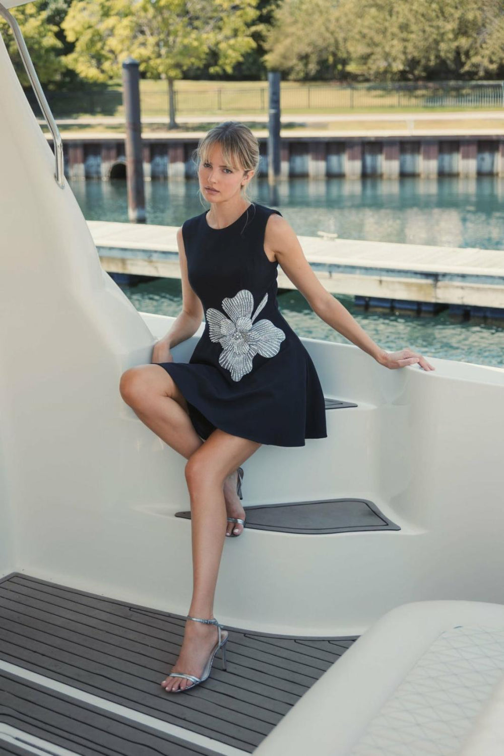 Cocktail Dresses | Women Mac Duggal Crepe Sleeveless Mini Dress With Rhinestone Flower Black